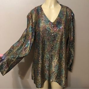 Dressy Betsy Vintage Gold Rainbow sequin Long sleeve top size Large